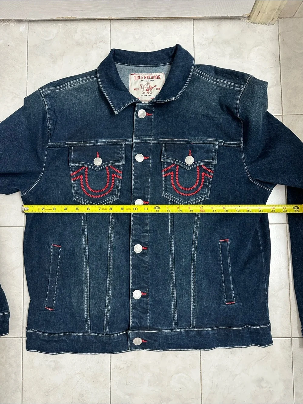 True Religion Denim Jacket Red Ladder Stitch Men’s siz M Dark Wash MSRP $184 New